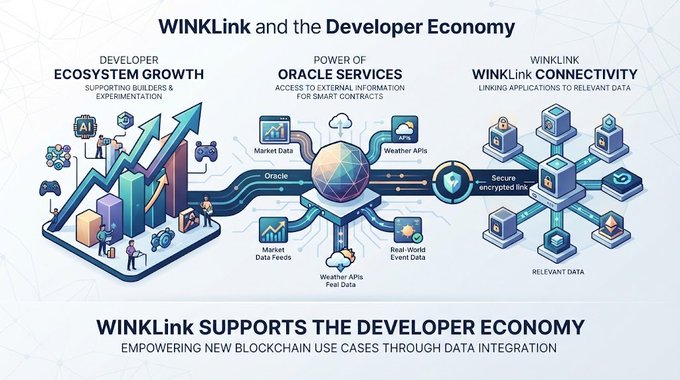 An infographic titled 'WINKLink and the Developer Economy' illustrating how WINKLink supports the developer economy through Oracle services, ecosystem growth, and connectivity.