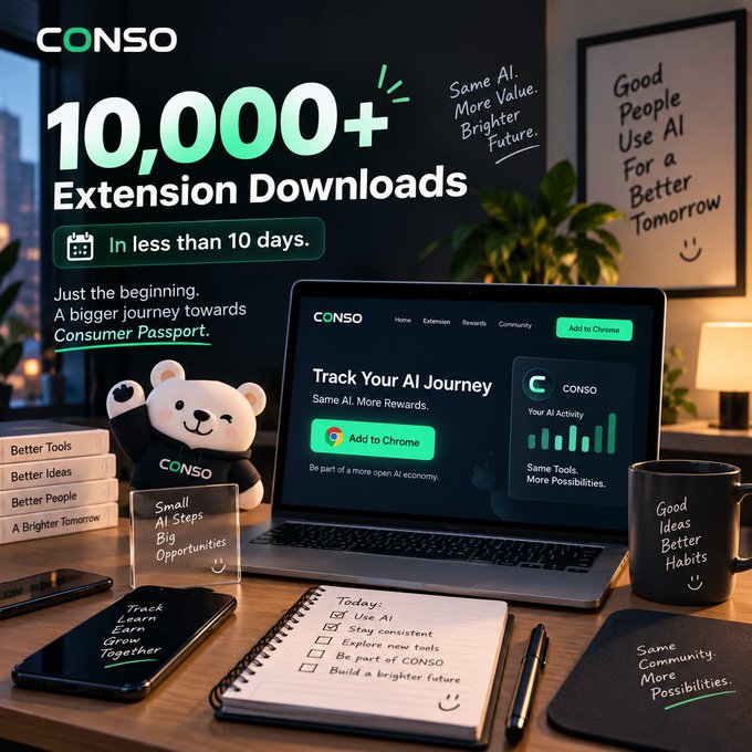 A promotional graphic for CONSO celebrating '10,000+ Extension Downloads' in less than 10 days, showing a laptop displaying the CONSO website with surrounding merchandise including a plush bear and mug.