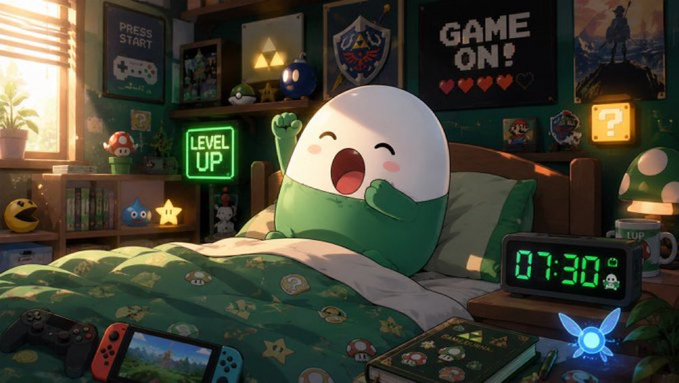 A cheerful green-and-white gaming character stretches in a gaming-themed bedroom with posters reading "PRESS START," "GAME ON!" and a neon "LEVEL UP" sign, while a digital clock shows 07:30. The scene visually captures the "Gm" and "level up" message, with the "$Cupsey" token branding reflected in the character's design and the playful gaming aesthetic.