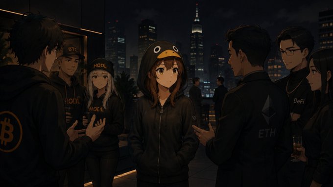 The image features a group of people standing together at night with their attention focused on something or someone. They are wearing hoodies that say "ETH" on them, indicating they might be part of an online community or event related to cryptocurrency. The scene takes place in front of a city skyline, which adds to the urban atmosphere and suggests that this gathering could be happening in a public space like a park or a street festival. The image also contains text that reads "@wallchain" and "Attention is becoming one of the most valuable assets on the internet", possibly referring to a specific event or project related to cryptocurrency, such as a blockchain conference or a social media platform focused on attention-grabbing content.