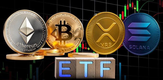 Four physical representations of cryptocurrency coins—Ethereum ($ETH), Bitcoin ($BTC), XRP, and Solana ($OL)—stand on a black background alongside wooden blocks spelling "ETF" and a candlestick chart, visually representing the four major spot ETF markets mentioned in the post. The image directly illustrates the spot ETF outflows detailed in the accompanying text, with the $BTC coin shown as the largest, reflecting its dominant $222.64M outflow.