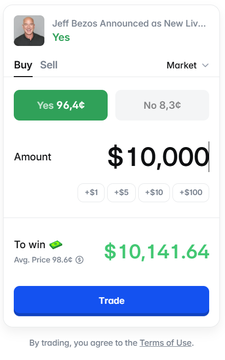 A Polymarket betting interface shows a "Yes" position at 96.4¢ on whether Jeff Bezos will be announced as a new Liverpool owner, with a $10,000 trade yielding $10,141.64 to win, aligning with the post's argument that this market should resolve "Yes" given Bezos's consortium acquisition via 1892 Holdings.
