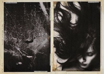 Two side-by-side black-and-white photographs with a vintage, weathered aesthetic — one showing abstract cracked or web-like textures and the other showing a person's face partially obscured by dark, flowing hair.