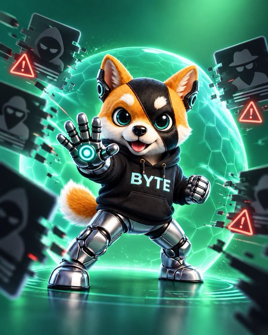 A stylized digital illustration of a robotic Shiba Inu dog wearing a 'BYTE' hoodie, with a glowing hand, surrounded by hacker icons and warning symbols against a green tech background.