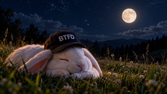 A white rabbit sleeps peacefully in a grassy meadow under a starry sky with a full moon, wearing a black cap that reads "BTFD." The image mirrors the post's "recharging after a choppy Tuesday" theme, symbolizing a restful pause after Bitcoin's volatile price action around $83-84k, with the "BTFD" hat cleverly nodding to the "Buy The F***ing Dip" trading mantra referenced in the post's hopeful tone.