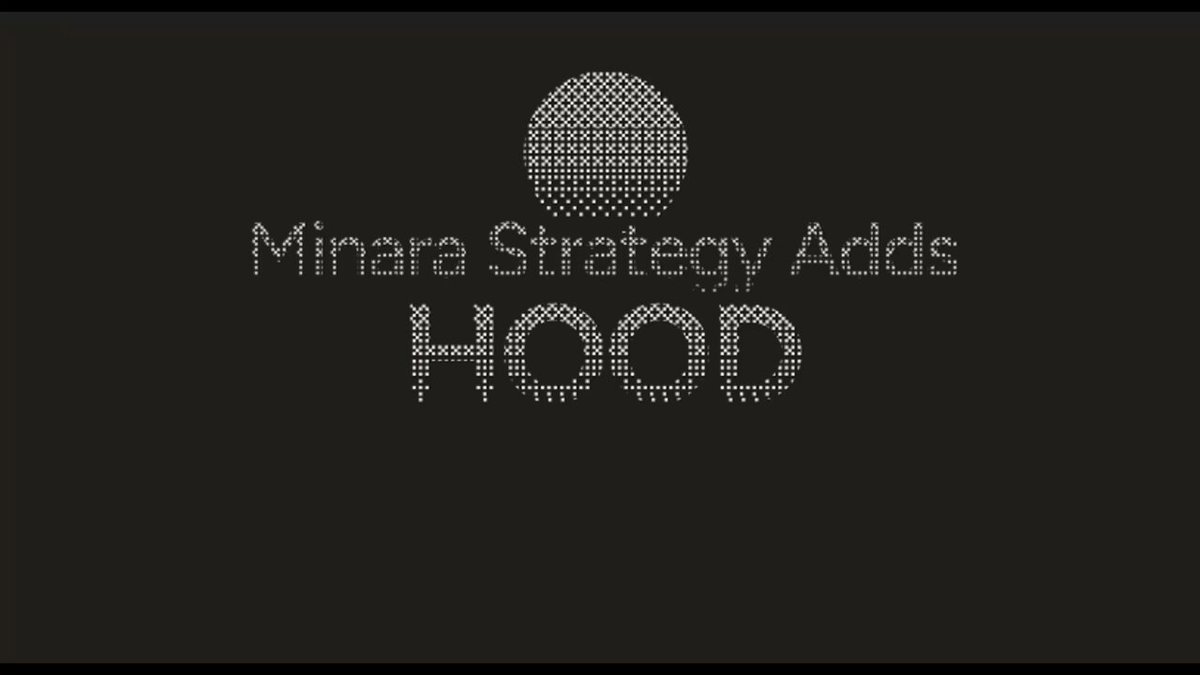 The image presents a title screen of an advertisement for Minara Strategy Advice, featuring an image with a white circle and black text that says "Minara Strategy Advice" followed by "HOOD". On the right side of the screen, there is a caption explaining what the ad is about, suggesting users can now build strategies to optimise their position on the Minara BackTest, paper trade or live, which includes a description of strategy studio and how to deploy strategies.