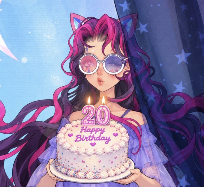 An anime-style digital illustration of a girl with long flowing magenta hair, round sunglasses, and cat ears blowing out candles on a white birthday cake that reads 'Happy Birthday 20'.