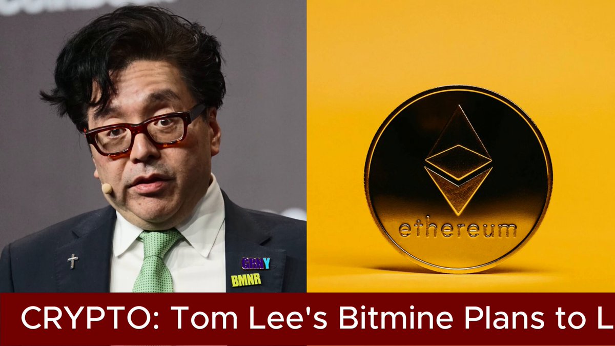 The image features two photos, one showing Tom Lee with his glasses and tie, and another photo of a golden coin labeled "Ethereum" placed over him. Below these images, there is text that reads "Crypto: Tom Lee's Bitmine Plans to Launch Strategy Style Stock Offering Tom Lee ( @fundstrat )-linked Bitmine ( @BitMNR ) has filed to launch a public offering of perpetual preferred stock as it looks to expand its Ethereum treasury strategy". The text suggests that the company is planning to issue shares in their cryptocurrency, which could potentially be used for mining or other purposes related to the Ethereum ecosystem.