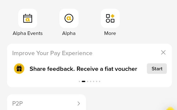 A mobile app interface shows menu options for 'Alpha Events', 'Alpha', and 'More', along with a banner promoting 'Improve Your Pay Experience' and offering a fiat voucher for sharing feedback.