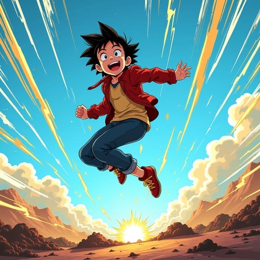 The image features a young boy jumping high into the air with his arms outstretched, wearing a red jacket and blue jeans. The background of the image shows a sky filled with yellow and orange clouds, suggesting that it might be during sunset or sunrise. The caption for the image reads "Good noon, Web3 fam! Midday vibes hitting different on the blockchain - @Rallyonchain @base @dlicom @moovexyz How’s your noon".