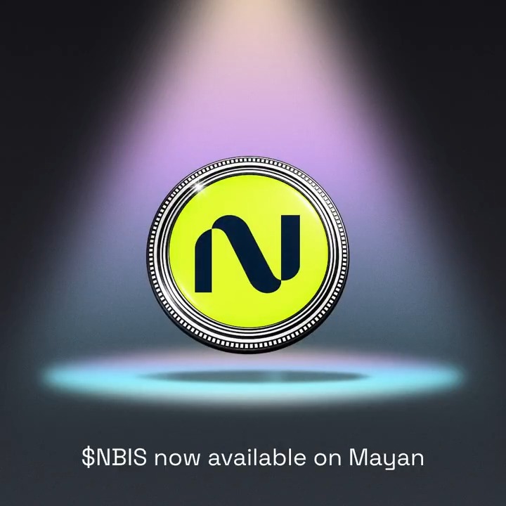 A promotional graphic showing a yellow coin with the letter 'N' and the text '$NBIS now available on Mayan'.