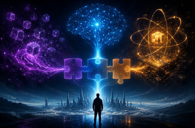 A silhouetted figure stands before a glowing futuristic city, gazing up at a luminous brain composed of neural networks flanked by floating purple cubes and a golden atomic structure with interconnected puzzle pieces below.