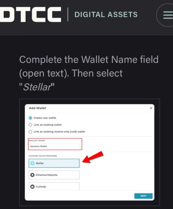 The image shows a tutorial screenshot from DTCC Digital Assets instructing users to complete the "Wallet Name" field and select "Stellar" when adding a new wallet, aligning with the post's focus on Stellar ($XLM) integration with DTCC's platform.
