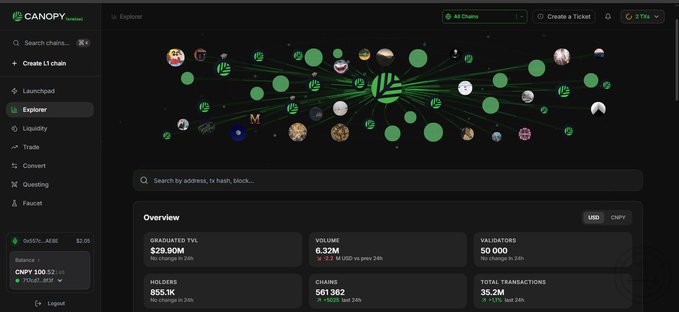 The image shows the Canopy (CNPY) Explorer dashboard, featuring a network visualization graph with numerous connected nodes and an Overview panel displaying key metrics: $29.90M Graduated TVL (+1.24%), 6.32M Volume (-3.14% vs prior 24h), 50,000 Validators, 855.1K Holders, 561,362 Chains (+1622 in 24h), and 35.2M Total Transactions (+7.16%). This visual supports the post's claim about Canopy's L1 blockchain orchestration platform by showcasing its real-time network statistics and the growing ecosystem of deployed app-chains.