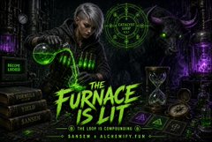 A graphic for an article titled 'THE FURNACE IS LIT' by Darsey J. Altenkrish, featuring a character pouring green glowing liquid over a pile of books including 'Percy Jackson' and 'Harry Potter'.