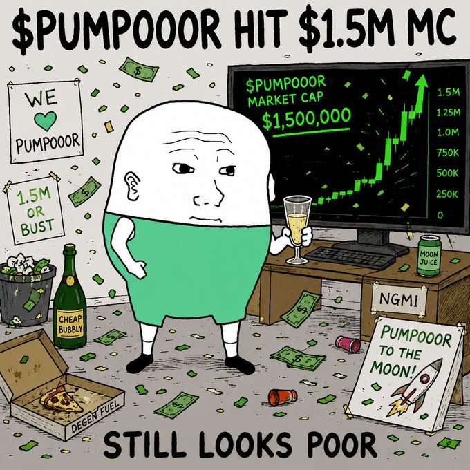 A cartoon illustration of a bald character in a green tank top celebrating a cryptocurrency called "$PUMPOOR" hitting a $1.5 million market cap, surrounded by money, champagne, pizza, and memes, with the caption "STILL LOOKS POOR" at the bottom.
