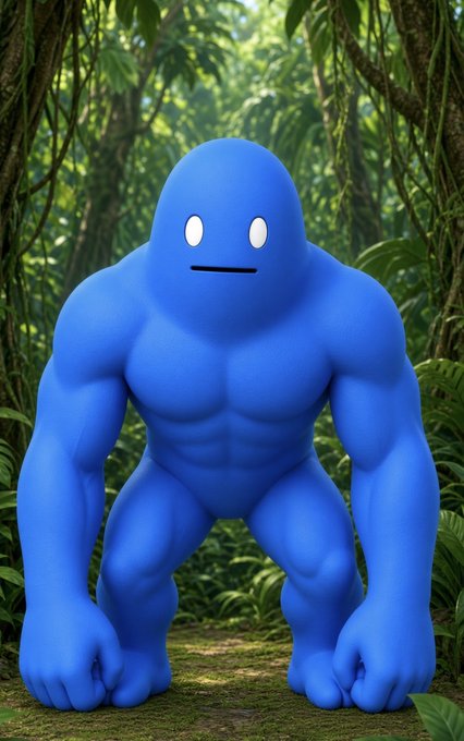 A 3D-rendered blue muscular humanoid character with a simple face stands in a jungle setting, reminiscent of a Pokémon design.