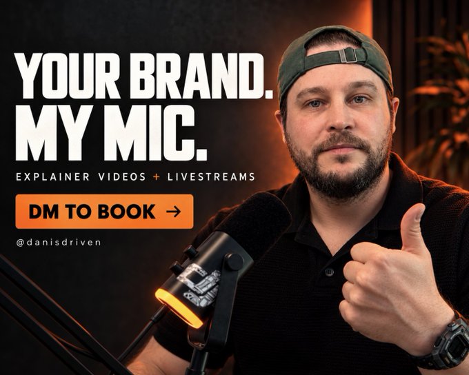 A promotional image for @danisdriven reading 'YOUR BRAND. MY MIC. EXPLAINER VIDEOS + LIVESTREAMS DM TO BOOK', showing a bearded man in a backwards cap giving a thumbs-up next to a studio microphone.