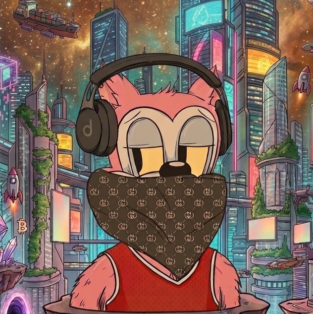 A pink anthropomorphic fox character wearing headphones and a brown patterned bandana covering its mouth, set against a vibrant cyberpunk cityscape with flying vehicles and neon-lit skyscrapers.