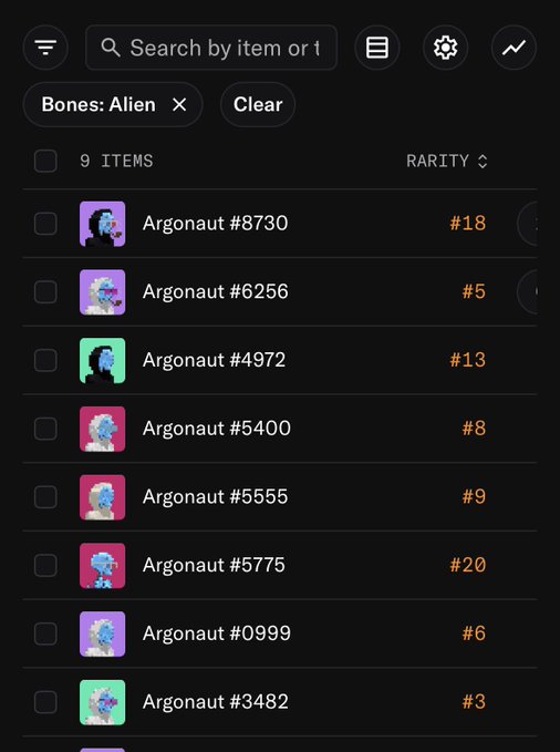 A dark-themed NFT marketplace interface showing a search filter for "Bones: Alien" with 9 Argonaut items listed, including #8730 (#18), #6256 (#5), #4972 (#13), and others with their respective rarity rankings.