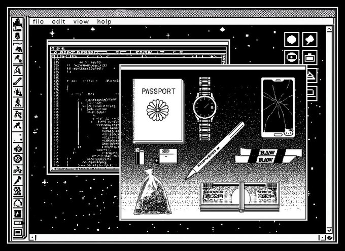 A retro-style black and white digital illustration of a vintage computer interface showing various travel and hacker-related items including a passport, watch, smartphone, pencil, lighter, and floppy disks.