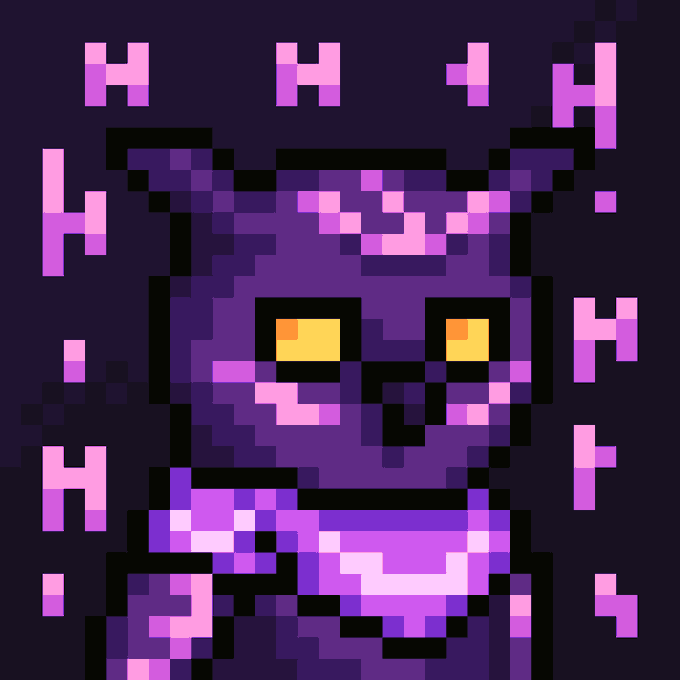 A pixel art image displays a purple cat-like character with yellow eyes surrounded by floating letter 'H' shapes against a dark background.