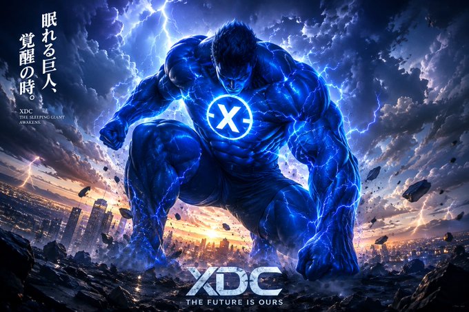 A dramatic digital artwork shows a massive blue lightning-wreathed giant in a Hulk-like pose standing over a city at sunset, with 'XDC' and 'THE FUTURE IS OURS' text along with Japanese characters.