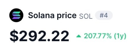 A price ticker showing Solana (SOL) ranked #4, priced at $292.22, up 207.77% over one year.