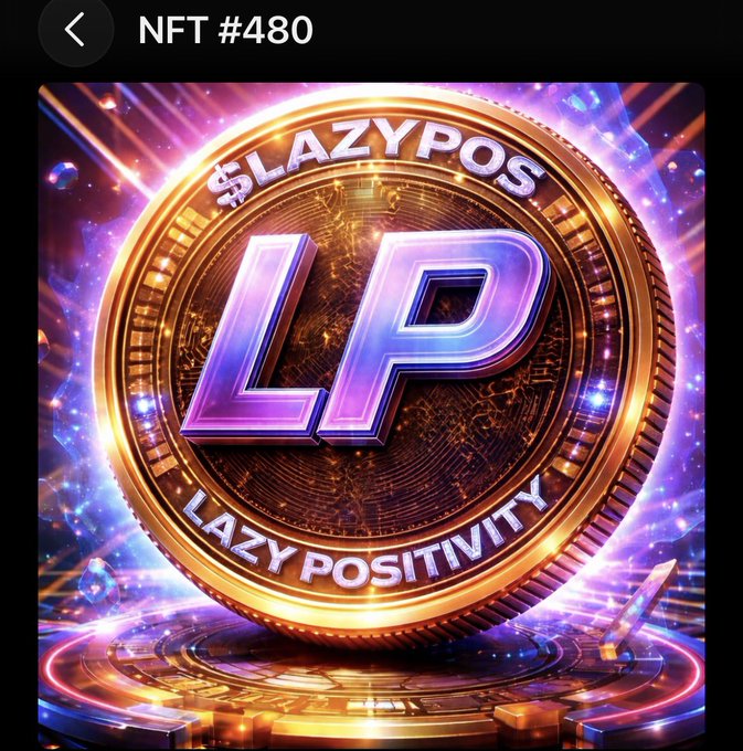 A vibrant NFT #480 featuring a golden coin design with the text '$LAZYPOS' and 'LAZY POSITIVITY' surrounding a large 'LP' logo.