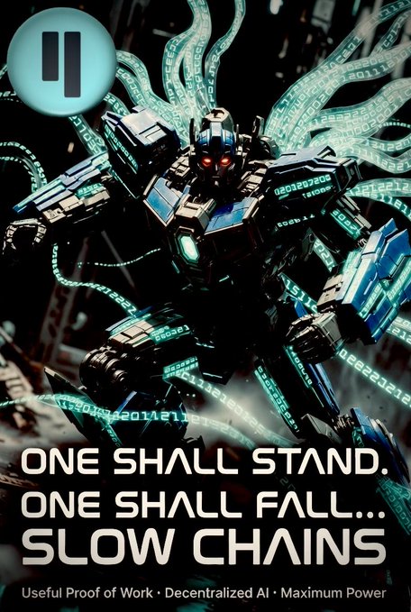 Sci-fi style promotional image for Qubic showing a robotic warrior with glowing red eyes surrounded by streams of binary code, captioned 'ONE SHALL STAND. ONE SHALL FALL... SLOW CHAINS - Useful Proof of Work • Decentralized AI • Maximum Power.'