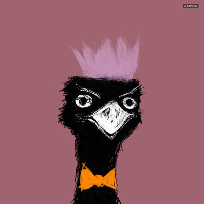 A digital illustration of an ostrich with black feathers, pink fluffy hair, and an orange bow tie against a muted purple background, with a small 'Ostrich' watermark in the corner.