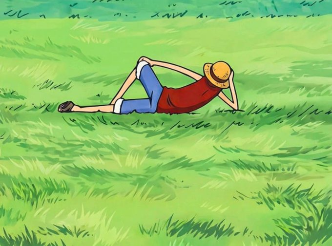 A Straw Hat Luffy One Piece character lies relaxed in a grassy field, perfectly capturing the post's sentiment of waiting patiently for Arc's mainnet launch rather than rushing into risky unofficial bridges. The laid-back pose symbolizes the "chill and relax" attitude while trusting that better opportunities are ahead.