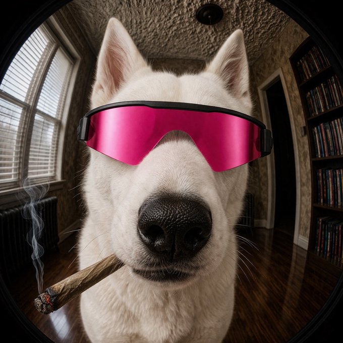 A close-up fisheye lens view of a white dog wearing pink sunglasses and holding a lit cigar in its mouth.