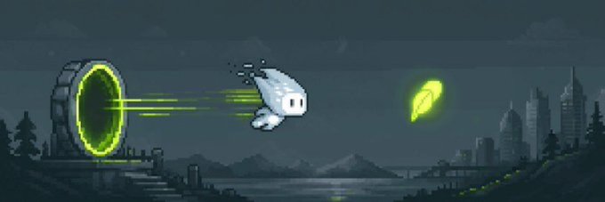 Pixel art scene depicting a futuristic ghost-like spacecraft firing green energy beams through a glowing portal, with a city skyline silhouetted in the background.