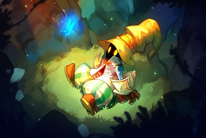 Digital artwork shows a horned, masked character in green and yellow armor crouching in a dark forest setting illuminated by a glowing blue butterfly.