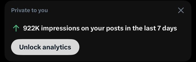 A private notification reading '922K impressions on your posts in the last 7 days' with an 'Unlock analytics' button, marked as 'Private to you.'