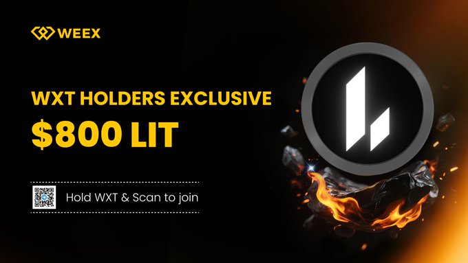 A WEEX promotional banner offering an exclusive $800 LIT giveaway for WXT holders, instructing users to hold WXT and scan the QR code to join. The ad features a fiery LIT logo on the right and matches the post's details about eligibility requirements (holding 500+ WXT for new users or depositing 20 USDT and trading 500 USDT for existing users) to be one of 100 winners.