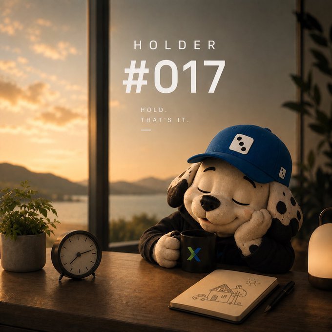 A Dalmatian character wearing a blue cap rests its head on a mug at a desk with a notebook and clock, with the text 'HOLDER #017' and 'HOLD. THAT'S IT.' displayed against a sunset window view.