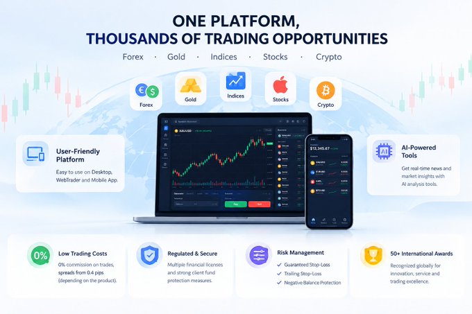 The image is a promotional graphic for a multi-asset trading platform, featuring a laptop and smartphone displaying trading interfaces with candlestick charts. It highlights key features including a user-friendly platform, AI-powered tools, 0% commission trades (spreads from 0.4 pips), regulation and security, risk management tools (Stop-Loss, Trailing Stop-Loss, Negative Balance Protection), and 50+ international awards, with tradeable assets spanning Forex, Gold, Indices, Stocks, and Crypto—directly aligning with the post's message of "one platform, thousands of trading opportunities."