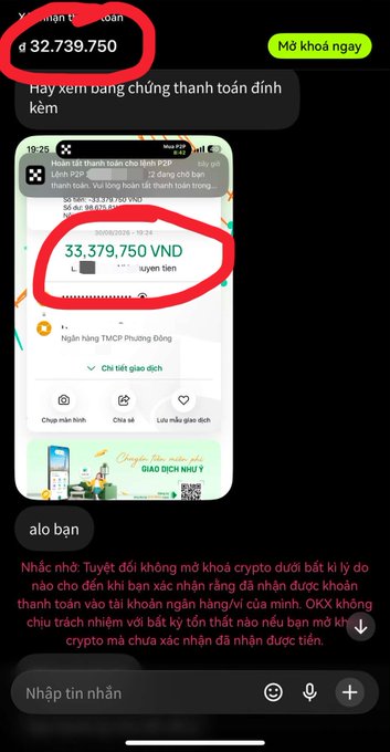 A screenshot of a Telegram chat showing a P2P USDT transfer with a discrepancy between the expected amount of 32,739,750 and the actual bank receipt of 33,379,750 VND, along with a warning message in Vietnamese advising users to never release crypto unless they have fully verified the bank transfer. The conversation illustrates a potential P2P scam where a buyer intentionally sends more money than owed, possibly to later dispute the transaction after the seller releases the crypto.
