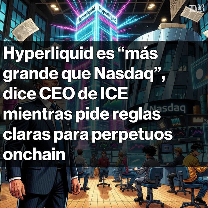 The image features an illustration of a man dressed in a suit standing next to a group of people sitting at desks, with a neon-lit building visible behind them. The text in the image reads "Hyperliquid es 'mas grande que Nasdaq' afirma CEO de ICE Jeffrey Sprecher, CEO de Intercontinental Exchange, elogia la innovación de Hyperliquid". This description suggests that the man is standing near an office where a company named Hyper Liquid Inc. operates 24/7. The image also includes a quote from Jeffrey Sprecher and a reference to the innovation of Hyper Liquid Inc., which could be related to the concept of liquid assets or the idea behind the company's name.