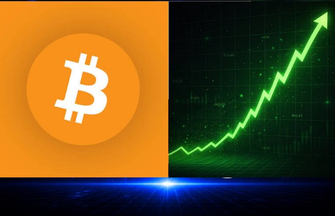 A split-screen image showing an orange Bitcoin (₿) logo on the left and a green upward-trending line graph on a dark background on the right, with a blue grid floor below.