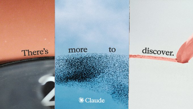 A multi-panel promotional advertisement reading "There's more to discover" with the Claude logo visible at the bottom of the blue center panel.