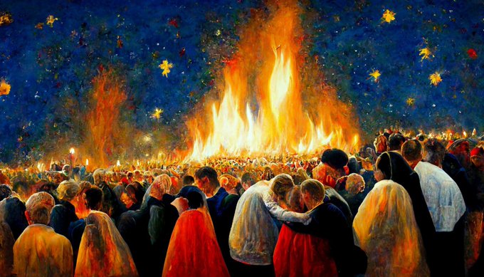 A large crowd gathers around towering flames under a starry night sky, symbolizing unity and resilience in the Terra Classic ($LUNC) community as it rallies for a strong comeback. The painting's communal warmth and flickering fire evoke the passion fueling the #LUNC movement's revival.