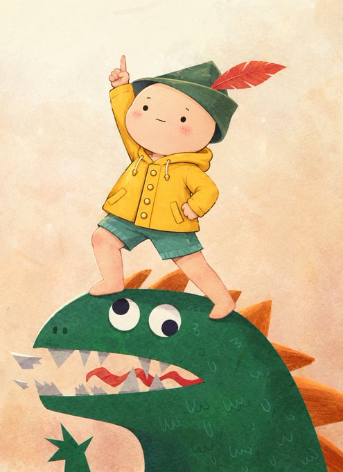 A cheerful child in a yellow raincoat and feathered green hat stands triumphantly atop a friendly green dinosaur, pointing upward with a smile. The whimsical illustration captures a playful "happy weekend" vibe with its imaginative scene of a brave little explorer conquering a cartoonish monster.