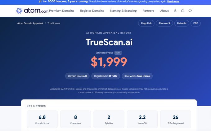 An AI Domain Appraisal Report from atom.com estimating the value of TrueScan.ai at $1,999, with a domain score of 6.8.