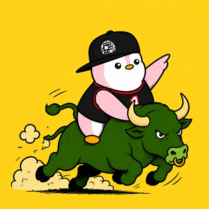 A cartoon illustration of a pink penguin wearing a black cap and jersey with the number 7, riding on the back of a charging green bull against a yellow background.