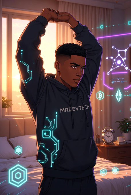 A digital illustration depicts a young man in a dark 'MRC EVTECH' hoodie stretching his arms overhead, surrounded by glowing blue and purple crypto and tech-themed holographic symbols.