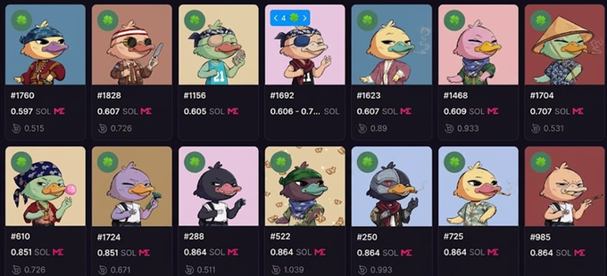 A grid of 14 cartoon-style duck NFT avatars from the Wallchain collection, displaying their IDs (e.g., #1760, #1828, #1156, #1692, #1623, #1468, #1704, #610, #1724, #288, #522, #250, #725, #985) and current floor prices ranging from 0.597 to 0.864 SOL, illustrating the significant value decline mentioned in the post where NFTs originally minted at 2.5 SOL (~450$) have dropped to around 0.6 SOL (~40$).