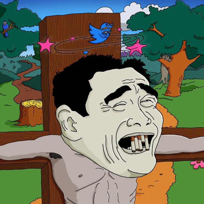 The image shows a cartoon-style "wojak" meme character with a greenish, green-tinged face and a wide, unsettling grin, depicted in a cruciform pose against a whimsical outdoor backdrop with trees, birds, and a Twitter logo surrounded by stars—humorously exaggerating the idea of a final, triumphant tweet.